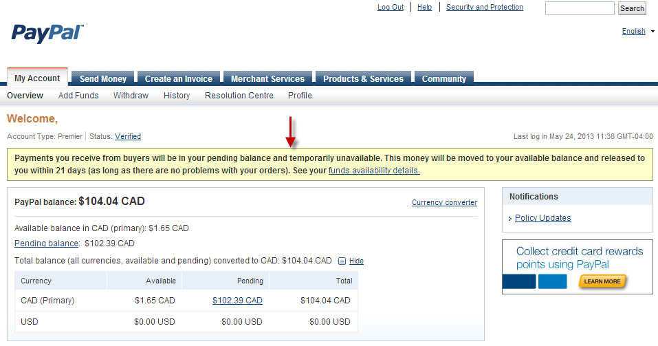 Pending balance paypal