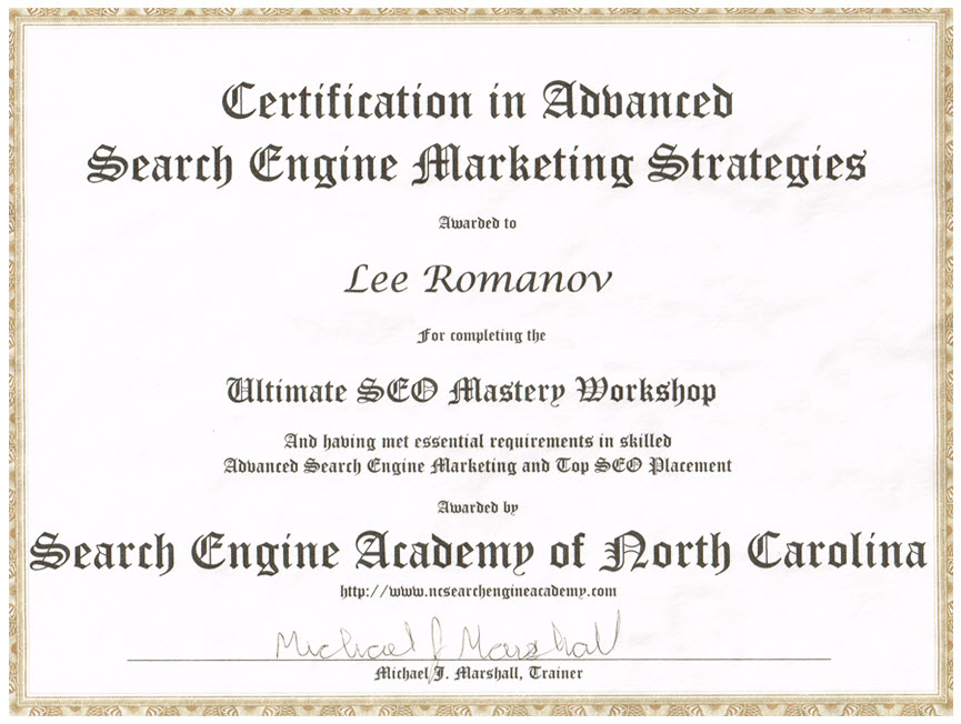 SEO Certification Lee Romanov