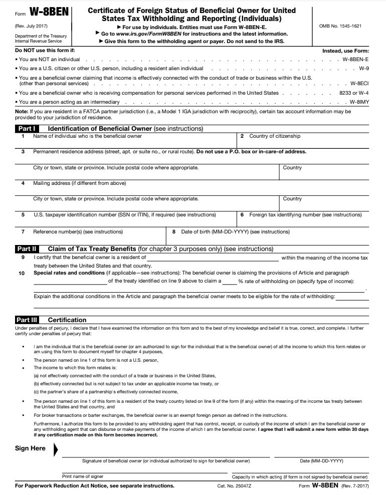 W 8 Tax Form