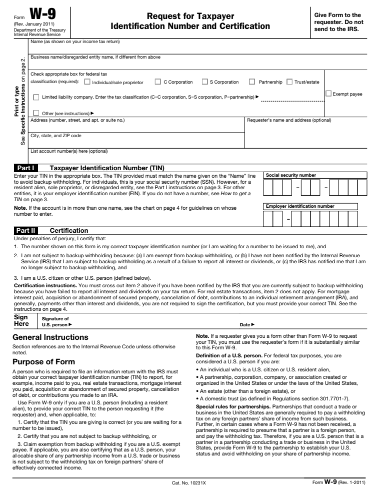 W 9 tax form page 1