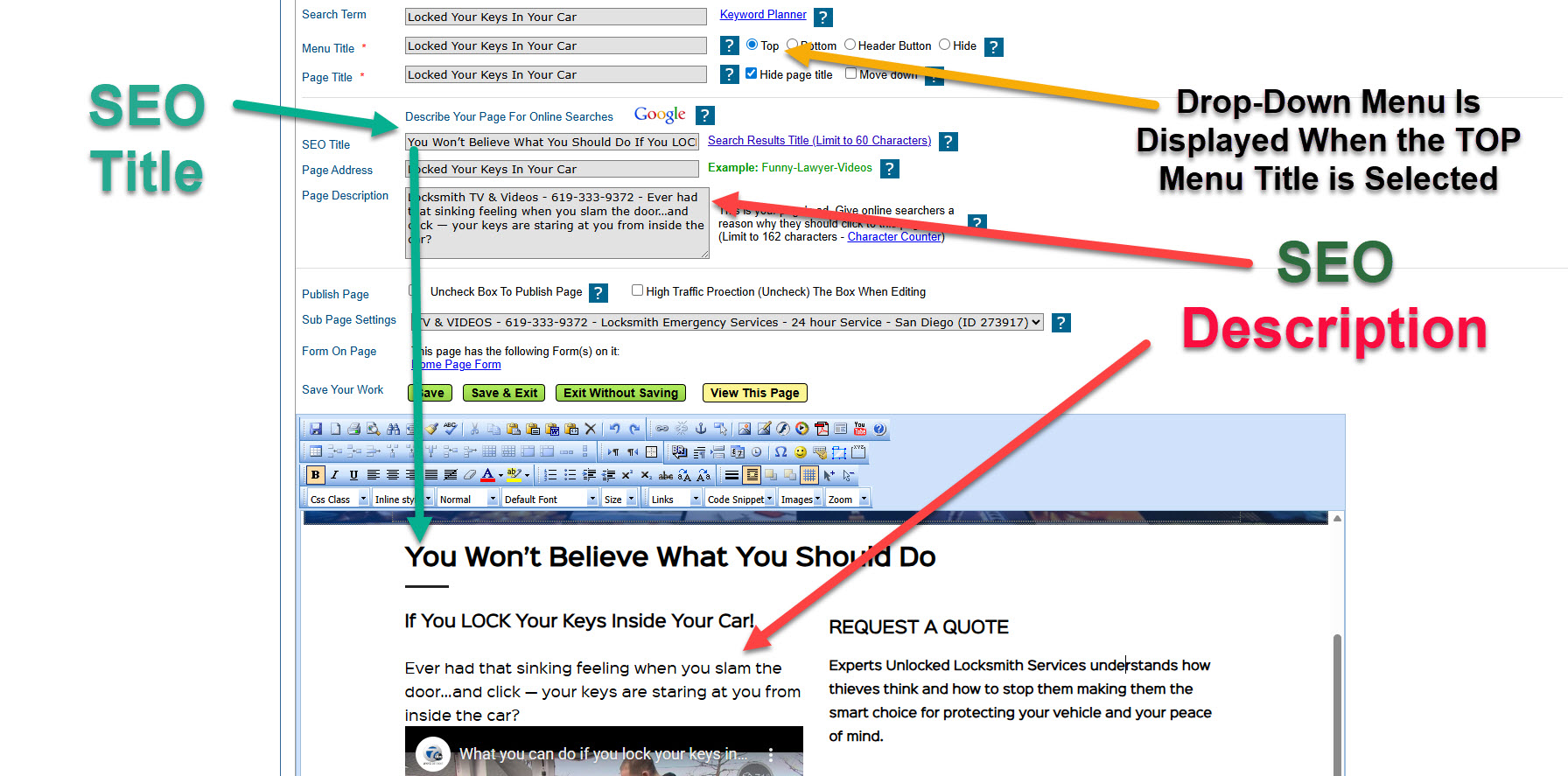 seo and dropdown menu